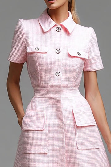 Pink A Line Lapel Neck Midi Work Dress